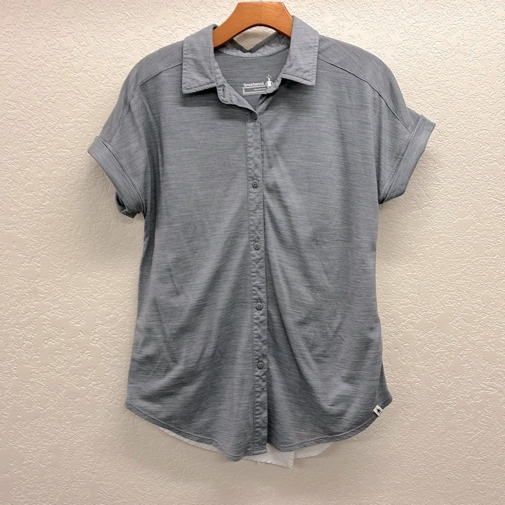 Smartwool Heathered Gray Cuffed Short Sleeve Button Front Polo Shirt Size Small